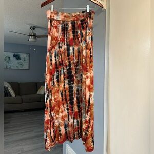 Coin Tie-Dye Women’s Pull On Maxi Skirt in Rust & Black Boho Effortless Size S